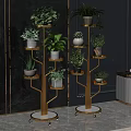 Multi Tiered Golden Plant Stands With Various Green Potted Plants Against Gray Wall