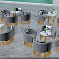 Leisure Sofa Set With Gray Upholstery Golden Legs And Side Tables Decorated With Green Plants