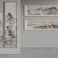 Traditional Chinese Ink Wash Landscape Paintings Hung On Grey Wall