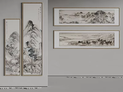 Traditional Chinese Ink Wash Landscape Paintings Hung On Grey Wall 3d model