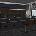 Modern Kitchen Interior With Dark Cabinets Island Counter Pendant Lights And Bar Stools