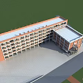 Red Brick School Building With Multiple Floors Green Lawn And Open Courtyard 3d model