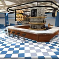 Stylish Bar Interior Design With Central Counter Black Stools Blue Walls And Checkered Floor