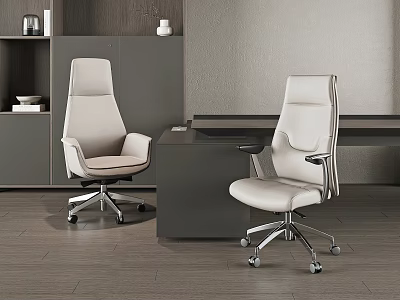 Modern Office Chair with Light Beige Leather Upholstery High Backrest and Swivel Wheels for Workspace 3d model