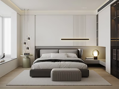 Modern Bedroom Interior Design With King Size Bed Pendant Lights Nightstand And Rug 3d model