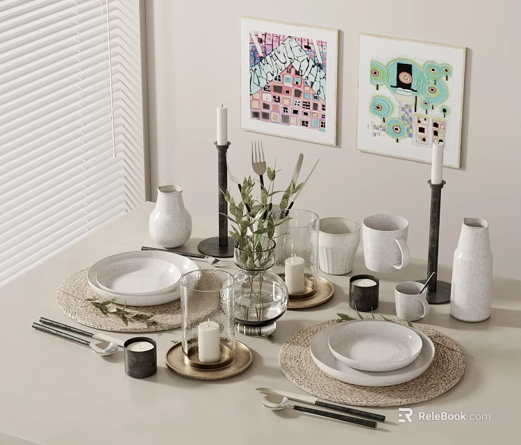 Dining Table Decorative Ornament Set with Plates Mugs Candle Holders Vase Placemats and Wall Art 3d model 