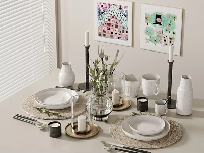 Dining Table Decorative Ornament Set with Plates Mugs Candle Holders Vase Placemats and Wall Art 3d model