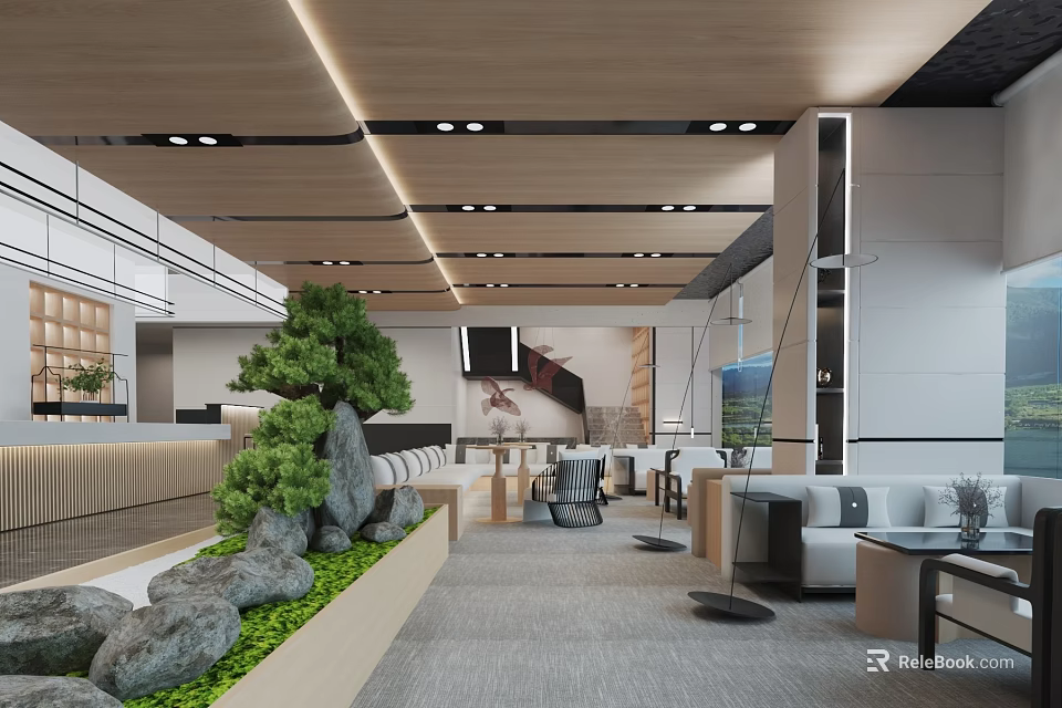Modern Lounge Area Interior With Wooden Ceiling Green Plants Stone Decorations And Comfortable Sofas 3d model 