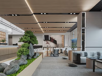 Modern Lounge Area Interior With Wooden Ceiling Green Plants Stone Decorations And Comfortable Sofas 3d model