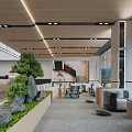 Modern Lounge Area Interior With Wooden Ceiling Green Plants Stone Decorations And Comfortable Sofas