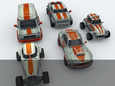 Colorful Toy Cars Collection With White And Orange Stripes In Various Styles 3d model