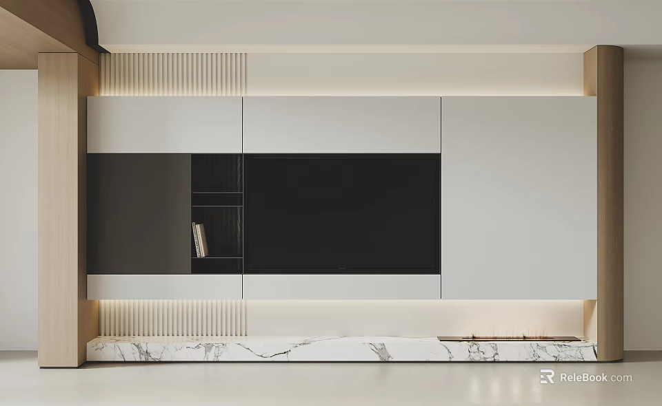 Modern TV Wall Design With LED Lighting Marble Base And Storage Cabinets 3d model