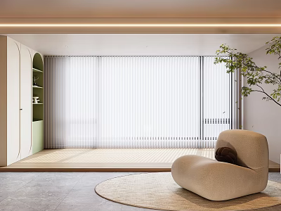 White Vertical Curtains In Modern Minimalist Living Room 3d model
