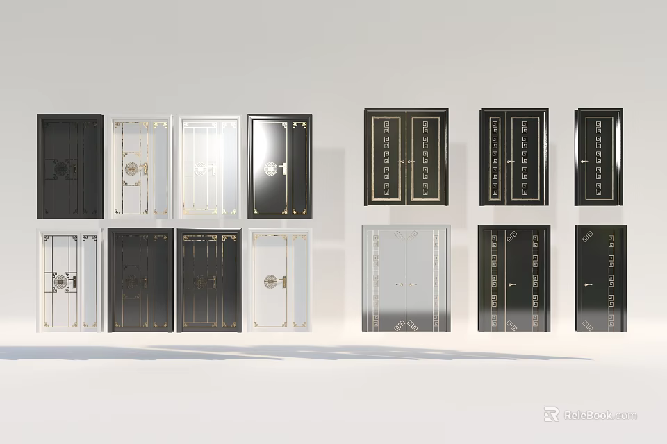 Various Stylish Swing Doors With Black White Gold Panel Designs And Decorative Details 3d model 