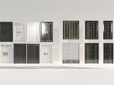 Various Stylish Swing Doors With Black White Gold Panel Designs And Decorative Details 3d model
