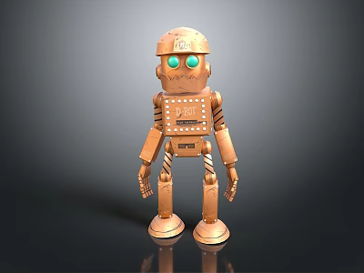 Copper Colored Robot Game And Movie Character With Green Eyes Mechanical Design And Panel Details 3d model