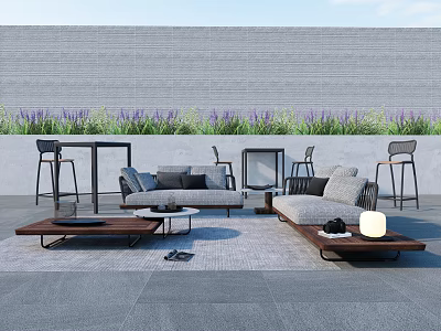 Outdoor Sofa With Coffee Tables Bar Stools In Patio Gray Wall And Purple Plants 3d model