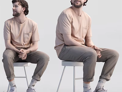 Two Men Sitting on White Stools Wearing Beige T-Shirts and Khaki Pants 3d model