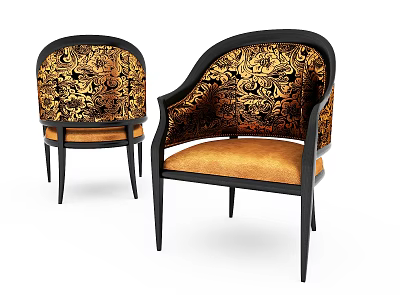 Ornate Accent Chairs with Black Frame Intricate Gold Black Patterns and Orange Seats 3d model
