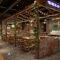 Authentic Hot Pot Restaurant Interior With Brick Walls Wooden Tables And Fresh Ingredients