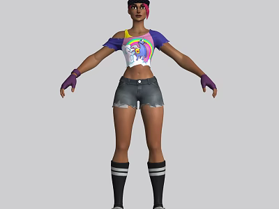 Game Movie Character With Pink Hair Purple Top Rainbow Unicorn Print Denim Shorts Purple Gloves 3d model