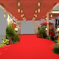 Traditional Chinese Tobacco And Liquor Store With Red Curtains Lanterns Blessing Decor Red Carpet And Greenery