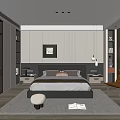 Modern Bedroom Interior With Striped Accent Wall Platform Bed Nightstands Pendant Lights And Area Rug 3d model