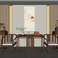 Chinese Style Interior Featuring Wooden Table And Chair Set With Decorative Painting And Potted Plants