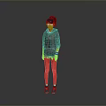 Woman With Black And Red Hair Wearing Gray Hoodie Red Leggings And Blue Sneakers