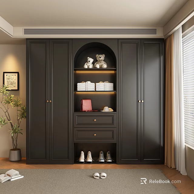 Dark Wardrobe With Arched Open Compartment Plush Toys Folded Towels Drawer Pink Bag And Shoes 3d model 