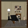 Elegant Modern Living Room Interior With Black Leather Armchair And Fireplace