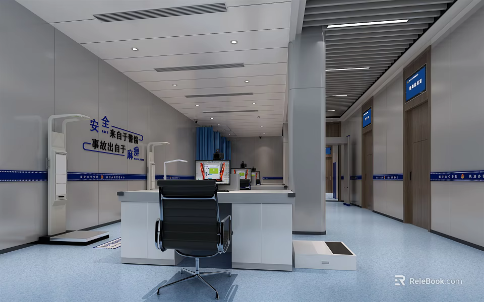 Public Office Area Interior With Security Check Waiting Area Smart Checkup Station Desk And Chair 3d model 