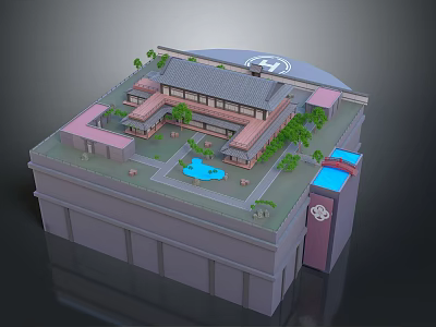Cartoon Style Traditional Building Scene With Trees Blue Pool And Circular Logo 3d model