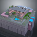 Cartoon Style Traditional Building Scene With Trees Blue Pool And Circular Logo