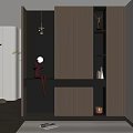 Modern Luxury Entryway With Dark Wood Red Sculpture Floating Countertop And Recessed Lighting