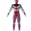 Red Blue White Bodysuit Game And Movie Character With Colorful Chest Stripes And Glowing Gem