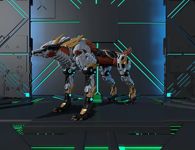 Futuristic Mechanical Wolf Decorative Ornament Set With Metallic Details And Green Accent Lights 3d model