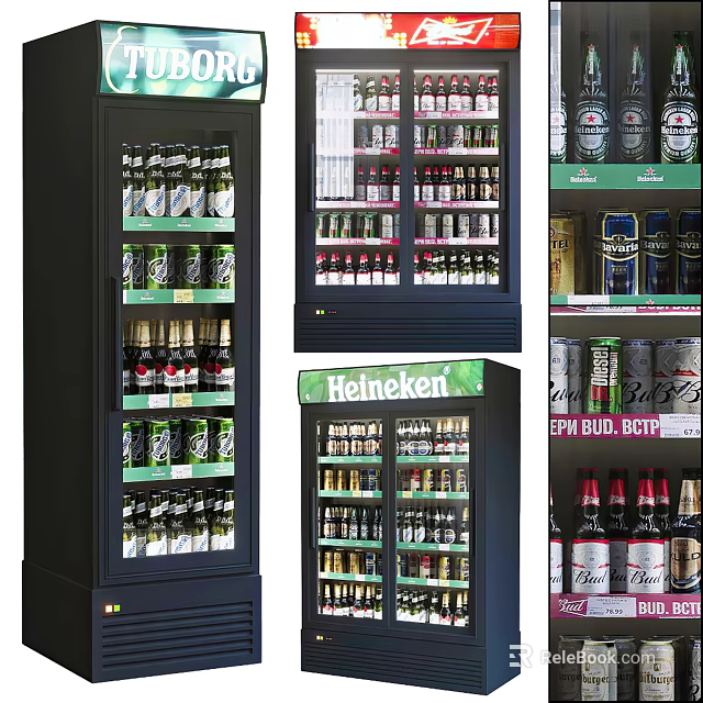 Commercial Glass Door Refrigerators and Freezers for Beverage Display Stocked with Drinks 3d model 