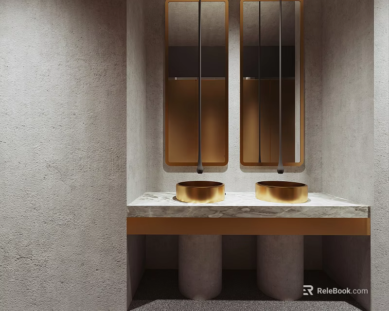Modern Public Restroom With Gold Sinks And Mirrors 3d model 