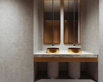 Modern Public Restroom With Gold Sinks And Mirrors 3d model