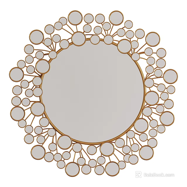Decorative Round Mirror With Golden Circular Accents And Ornate Modern Frame 3d model 