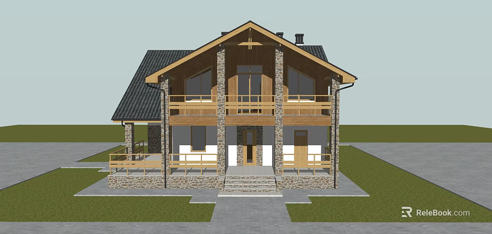 Two Story Detached Villa With Wooden Frame Stone Walls Black Roof And Front Porch 3d model 