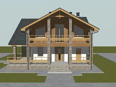 Two Story Detached Villa With Wooden Frame Stone Walls Black Roof And Front Porch 3d model