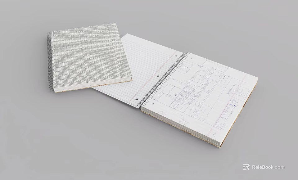 Open And Closed Notebook With Grid Cover And Lined Pages Featuring Notes 3d model 