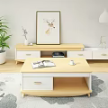 Modern TV Stand With Light Yellow White Drawers Decorative Items Plant And Wall Painting