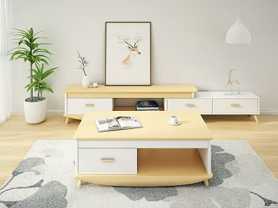 Modern TV Stand With Light Yellow White Drawers Decorative Items Plant And Wall Painting 3d model