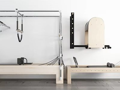 Wooden Pilates Fitness Equipment Featuring Reformer Suspension Rings And Wall Mounted Frame 3d model