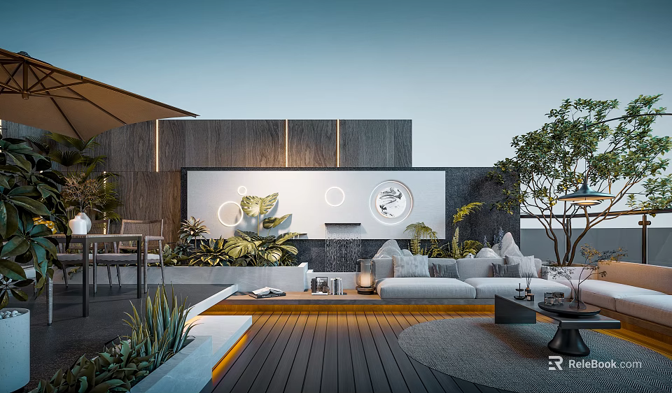 Modern Roof Garden With Wooden Deck Sofa Plants Umbrella And Coffee Table 3d model 