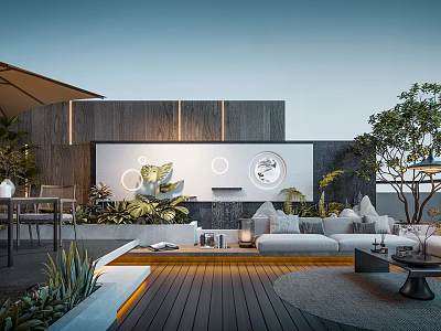 Modern Roof Garden With Wooden Deck Sofa Plants Umbrella And Coffee Table 3d model