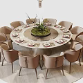 Elegant Round Dining Table Set With Light Brown Chairs And Green Centerpiece 3d model